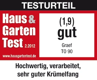 Testurteil Haus & Garten Test 2.2012, Note 1,9 gut, Graef TO 90, hochwertig, sehr guter Krümelfang