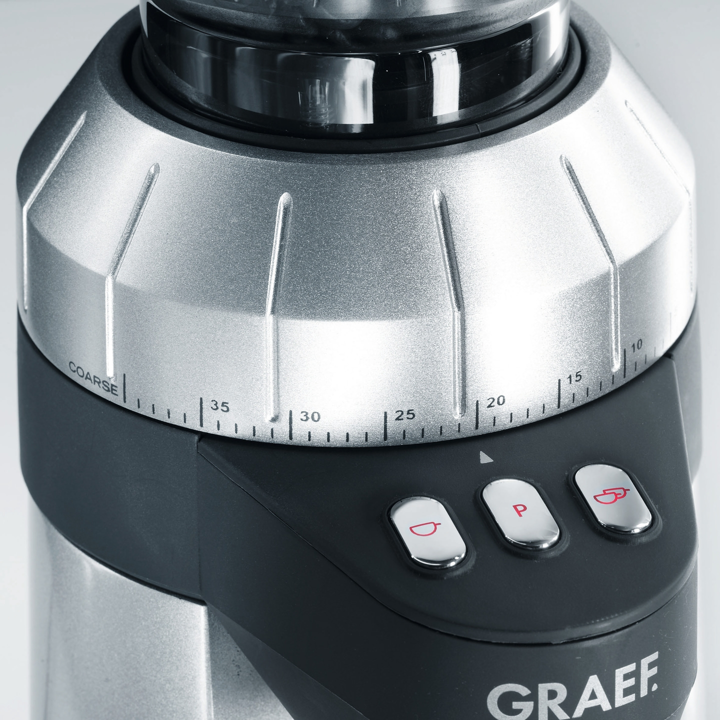 Kaffeemühle mit Einstellrad und Knöpfen, GRAEF-Logo, Mahlgrad einstellbar, silber und schwarz