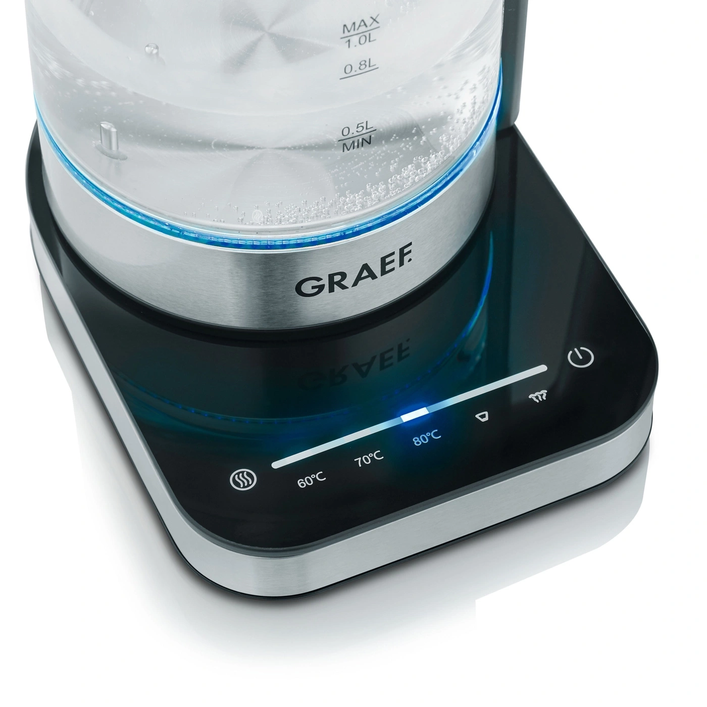 Wasserkocher mit Temperaturregelung, GRAEF-Marke, Glasbehälter, Temperaturanzeige, 80°C, 70°C, 60°C.