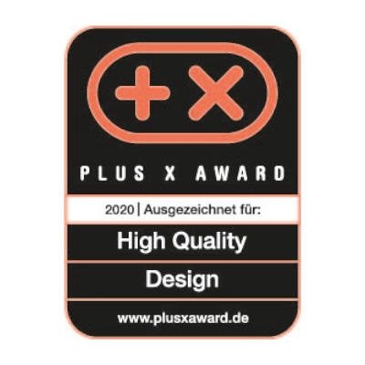 Plus X Award 2020 für High Quality Design, Auszeichnung, Logo, orange, schwarz