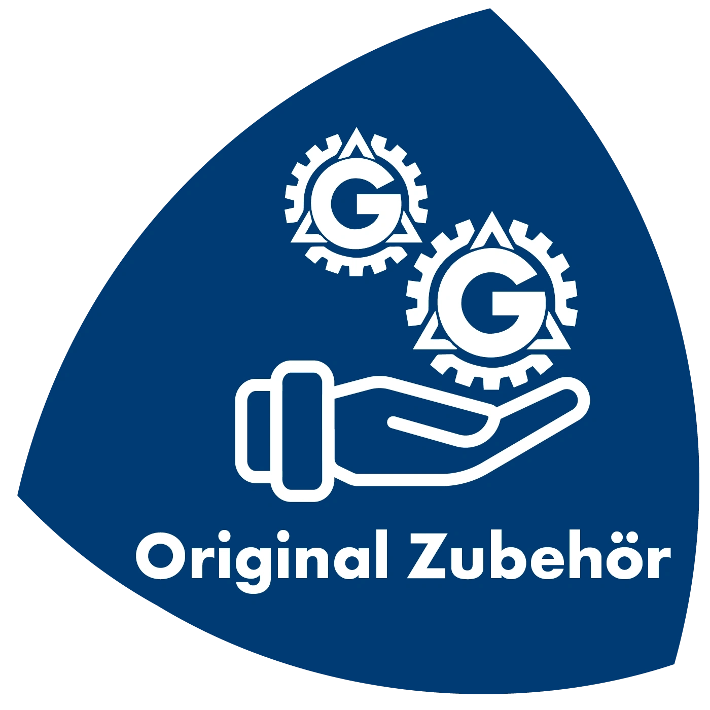 Blaues Logo mit Zahnrädern, Hand und Schriftzug 'Original Zubehör'