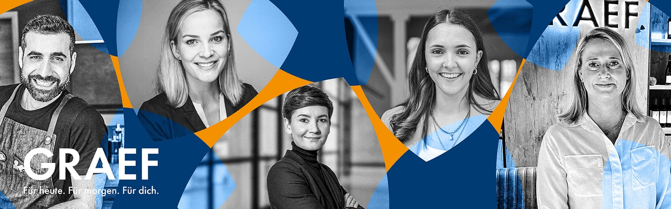 GRAEF-Team: Fünf lächelnde Gesichter vor blau-orangenem Hintergrund.