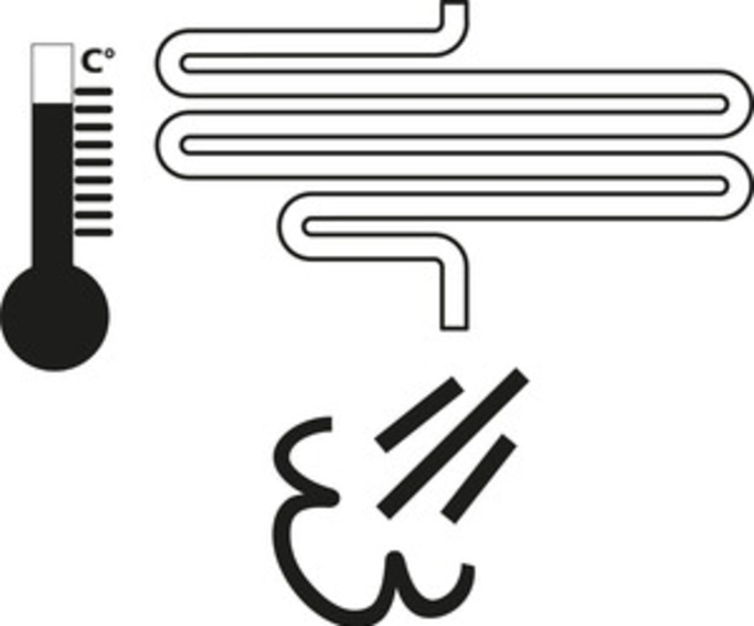 Thermometer, pipes, and steam, indicating heat and temperature.