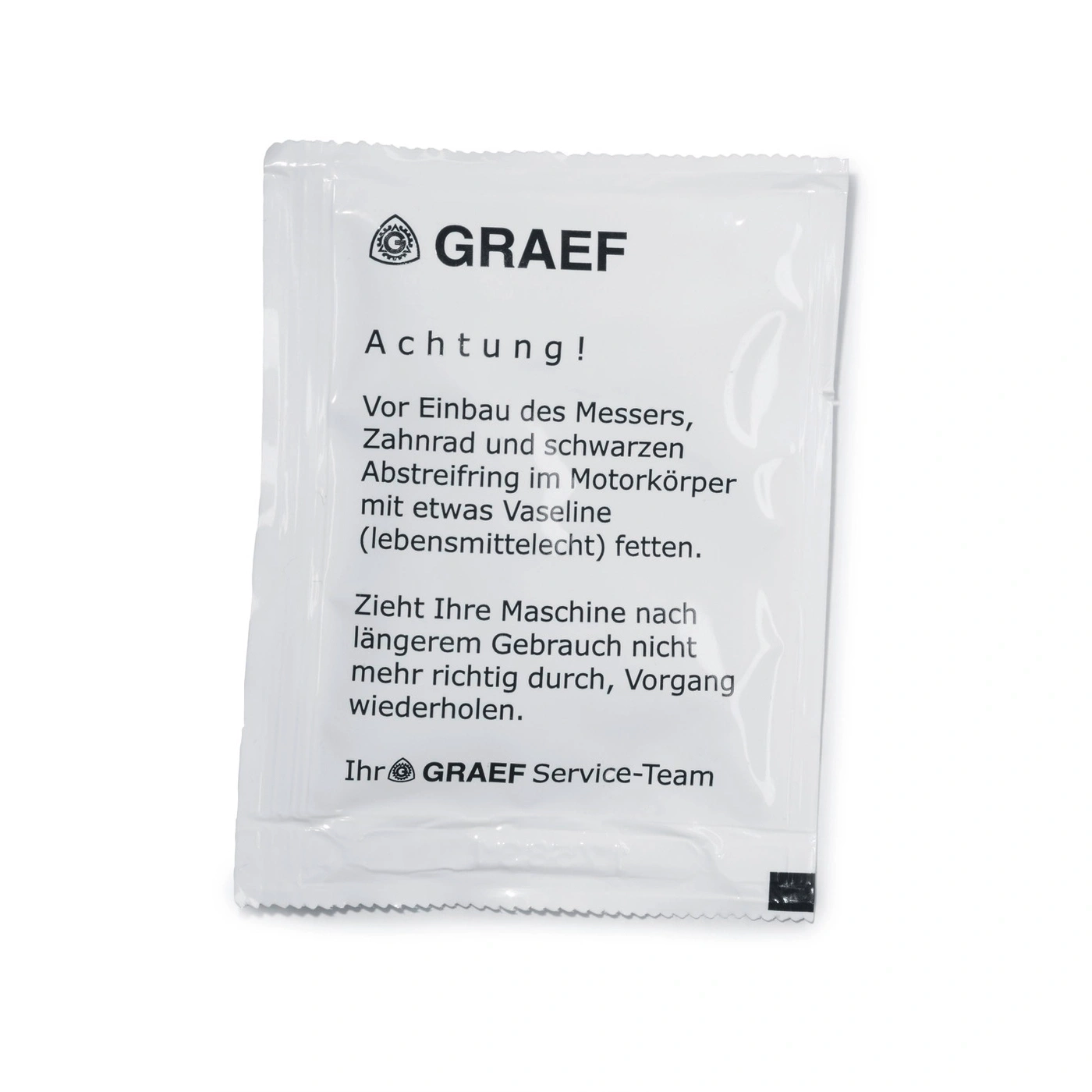 GRAEF-Produkt: Achtung! Hinweise zur Wartung. Vaseline für Messer und Zahnrad.
