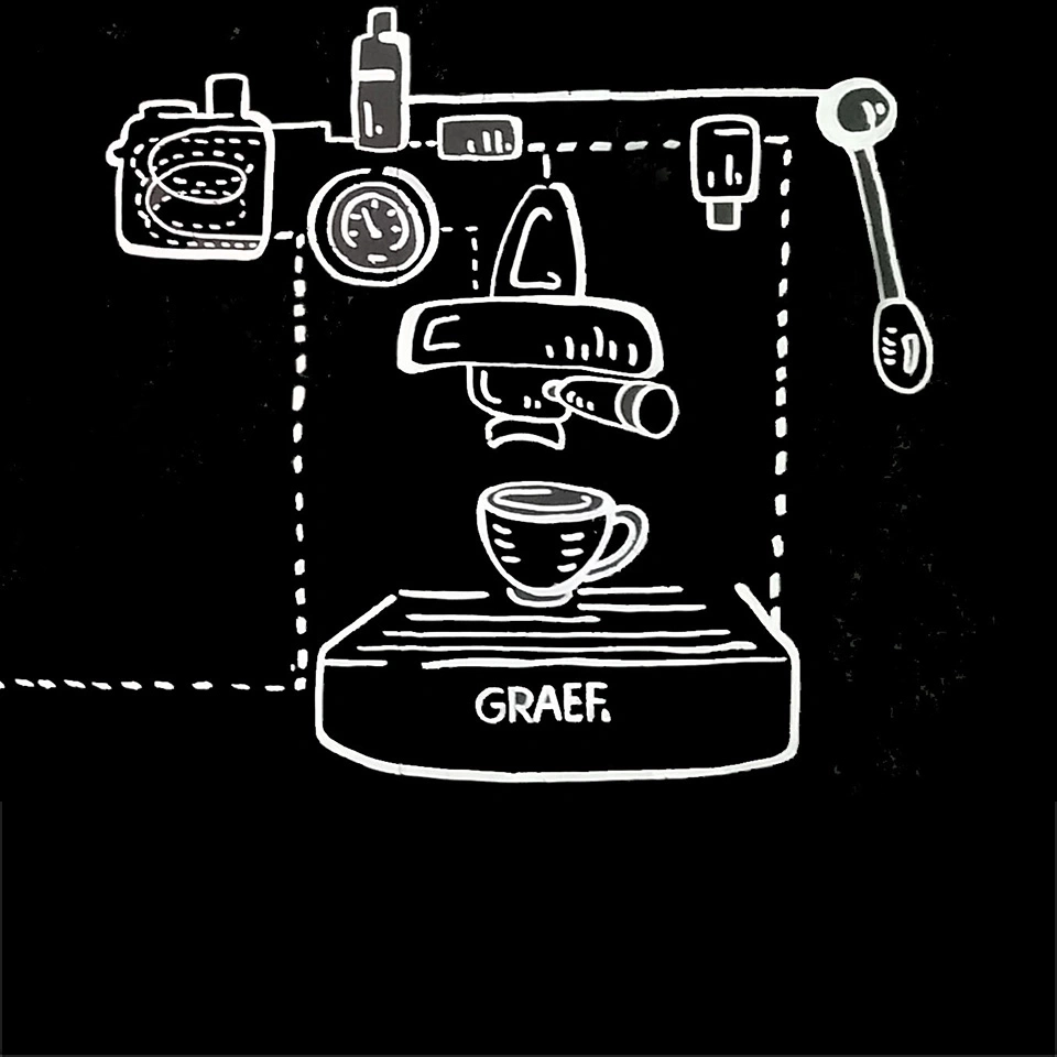 Kaffeemaschine-Zeichnung, schwarz-weiß, mit Tasse, GRAEF-Logo, Espresso-Maschine