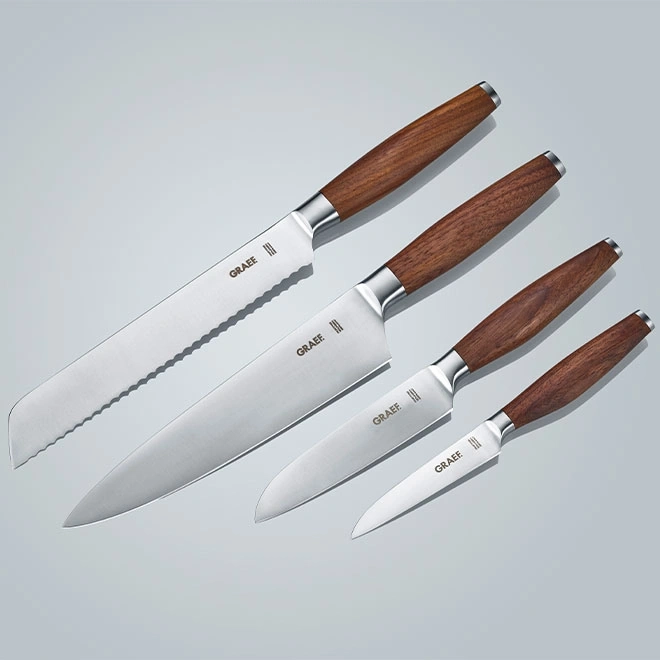 Messer-Set mit Holzgriffen, Küchenutensilien, Schneidwerkzeuge, Kochmesser, scharf