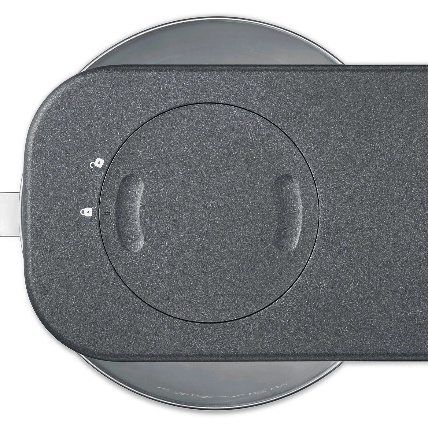 Top-down view of a gray lid with a circular button and lock symbols.