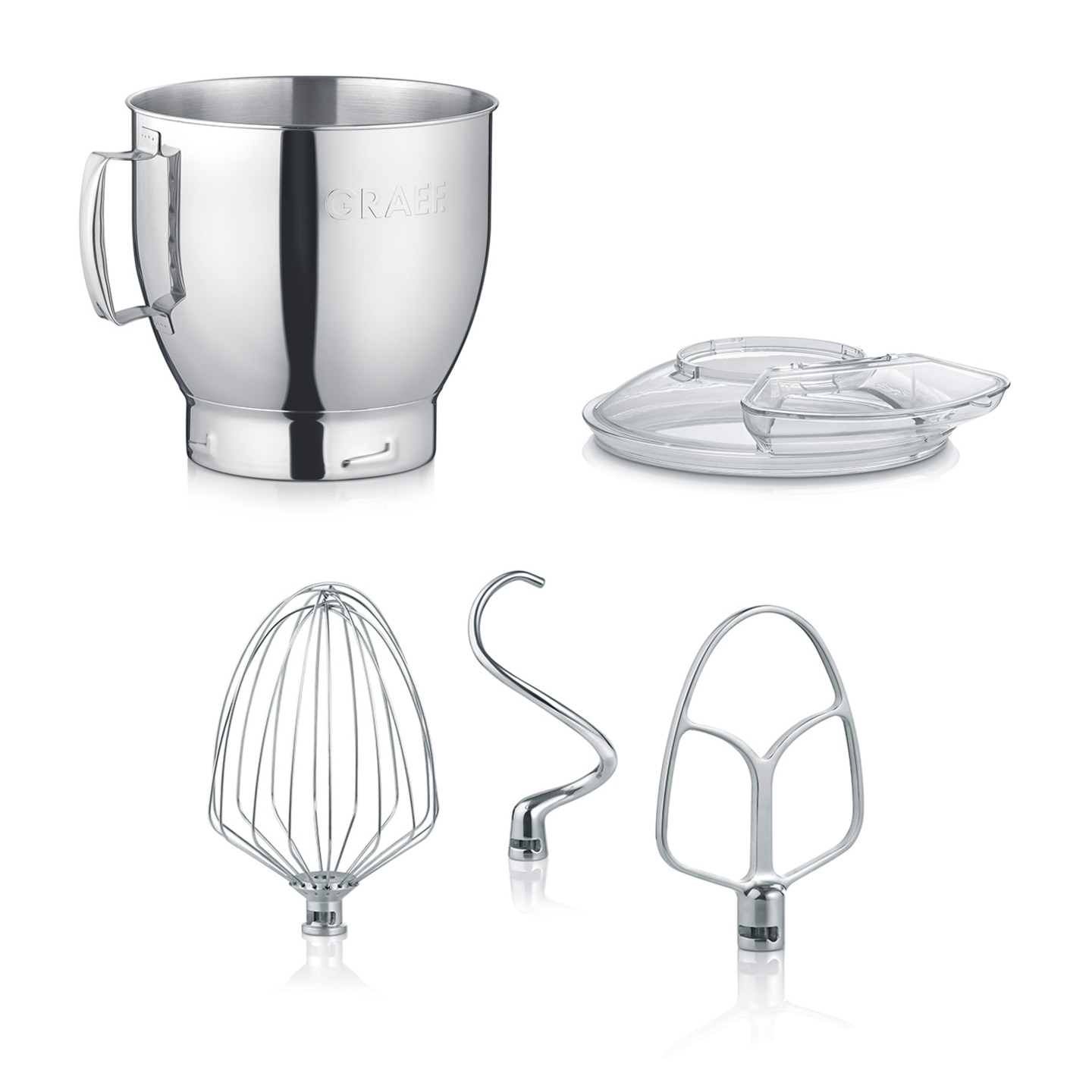 Robot culinaire avec accessoires : bol, couvercle, fouet, crochet pétrisseur, batteur plat. Acier inoxydable.