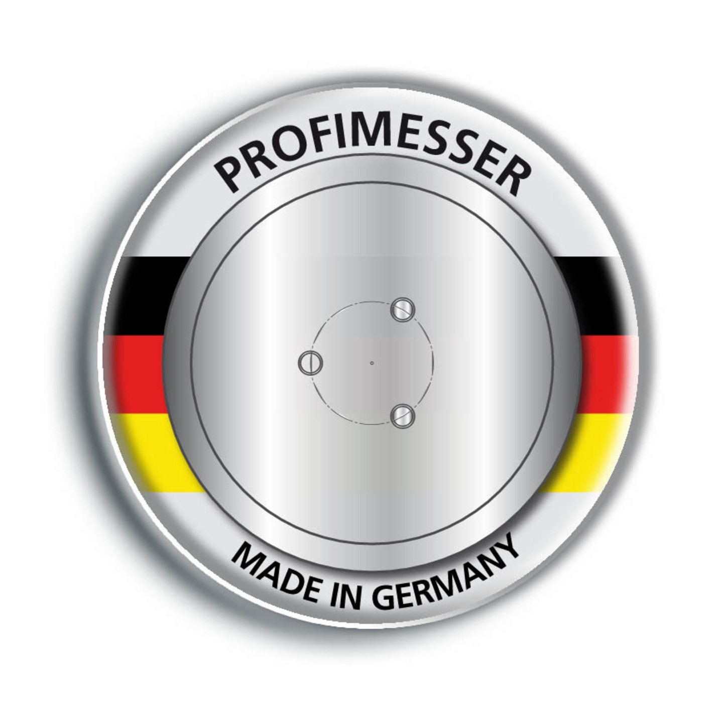 Round logo with German flag design, text 'PROFIMESSER' and 'MADE IN GERMANY' on a white background
