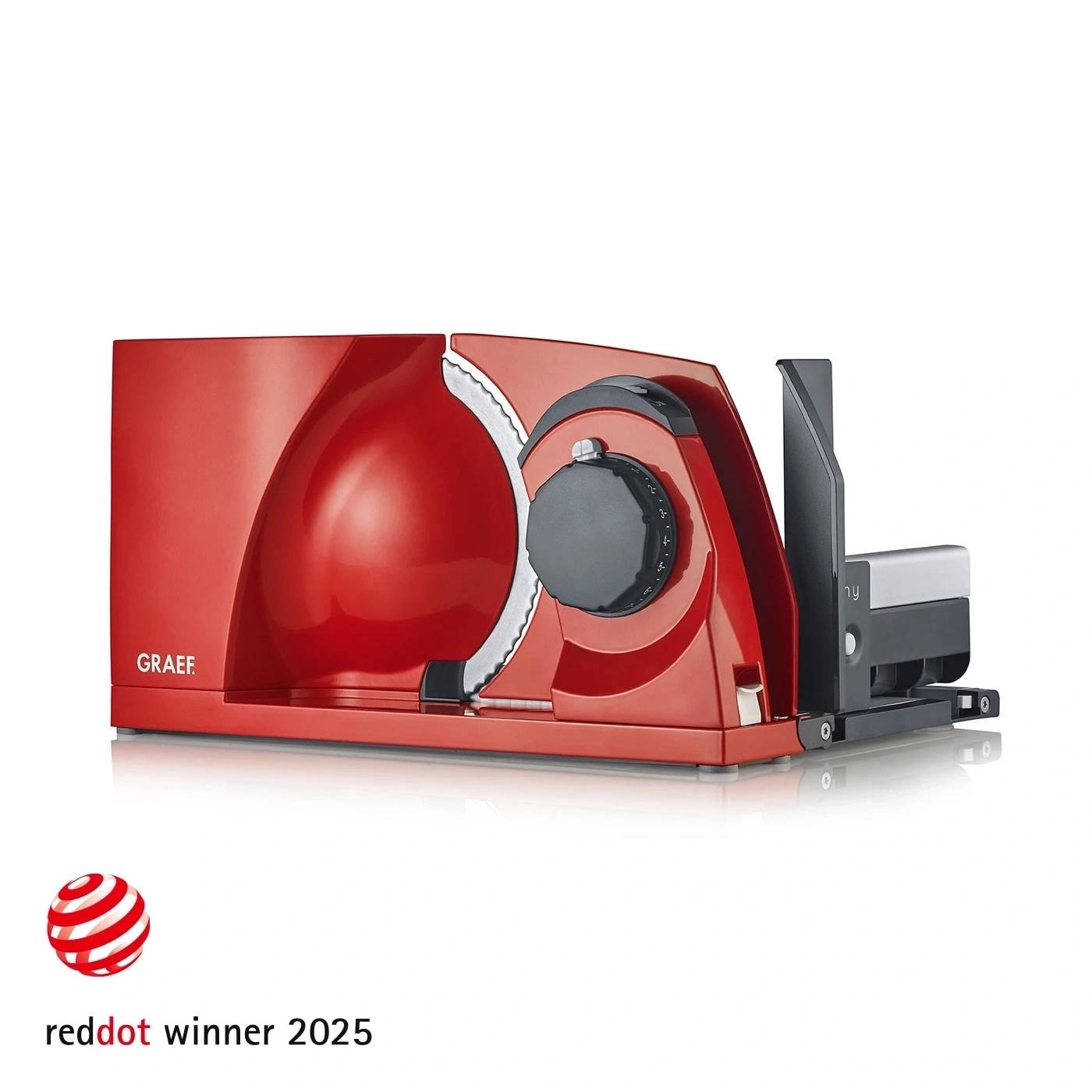 Trancheuse rouge avec design rouge, GRAEF, Red Dot Winner 2025, appareil de cuisine.