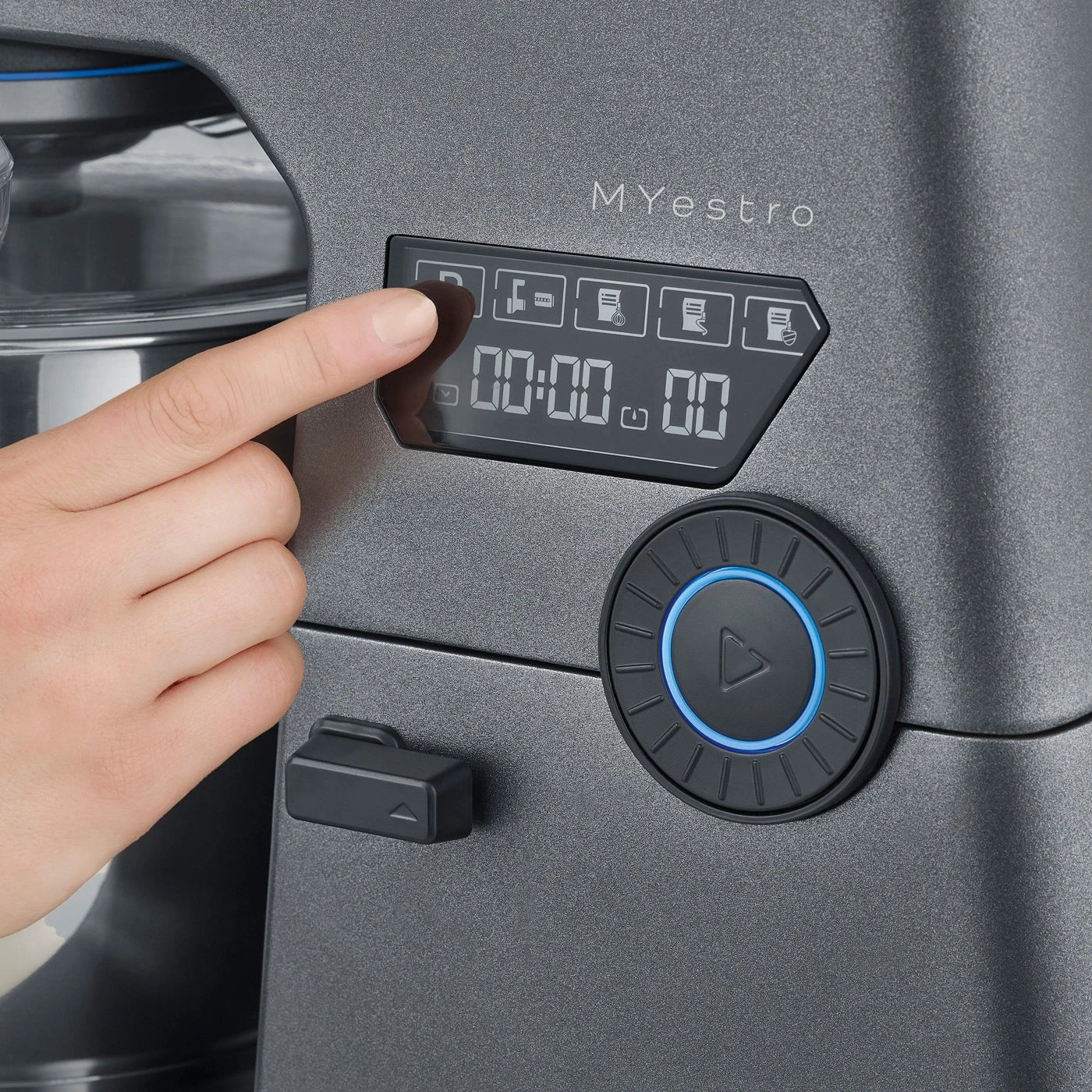 Kitchen machine with touchscreen and control panel, hand touching button