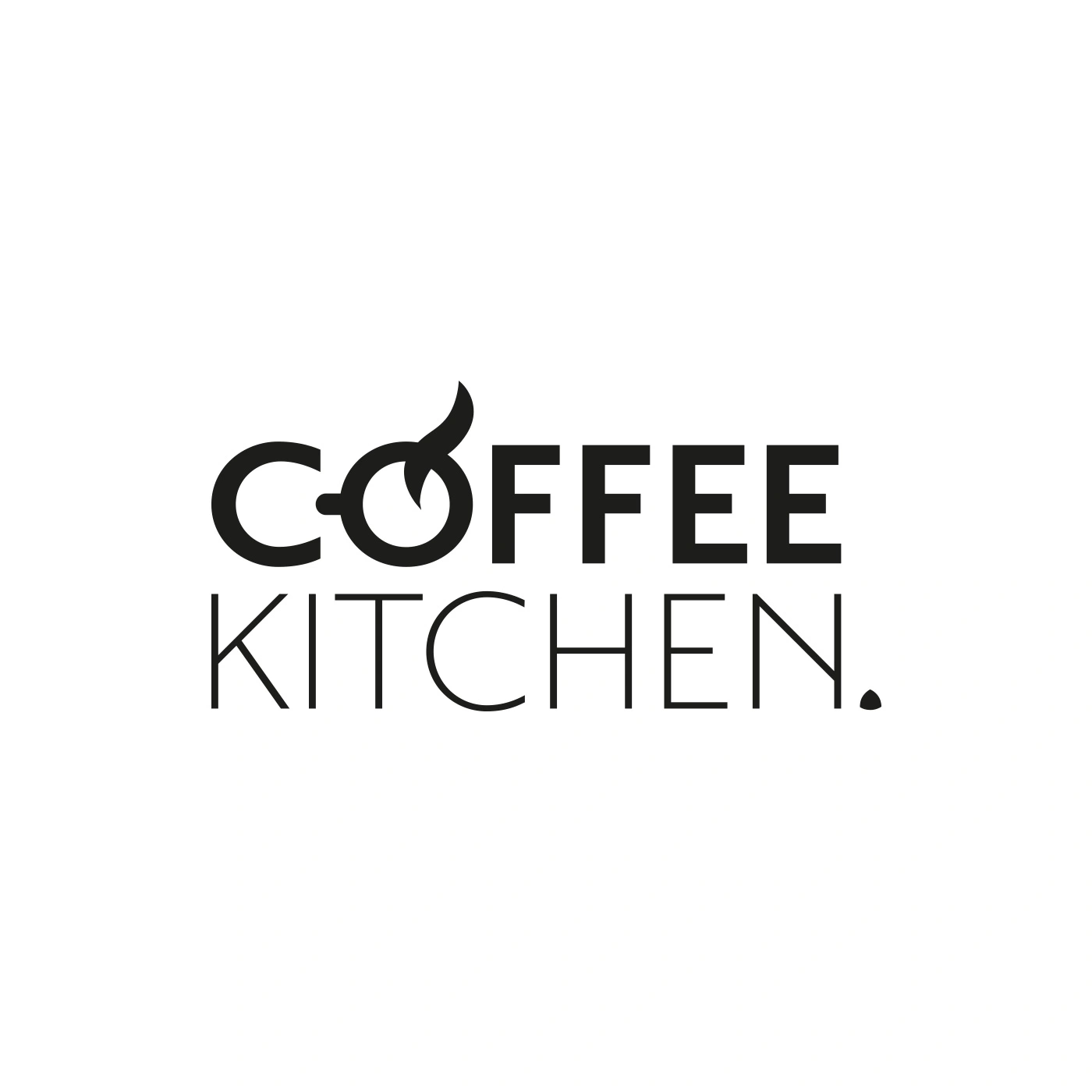 Logo Coffee Kitchen, texte noir sur fond blanc, symbole de grain de café intégré