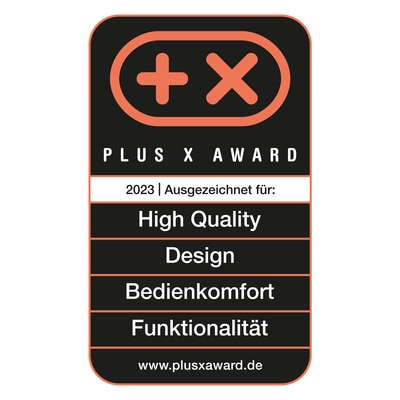 Plus X Award 2023 Auszeichnung für High Quality, Design, Bedienkomfort, Funktionalität