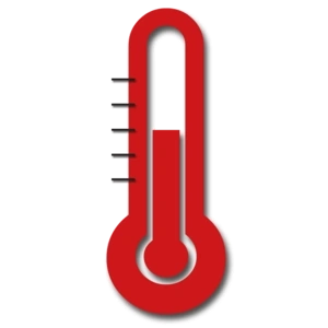 Rotes Thermometer mit steigender Flüssigkeit, Temperaturanzeige.