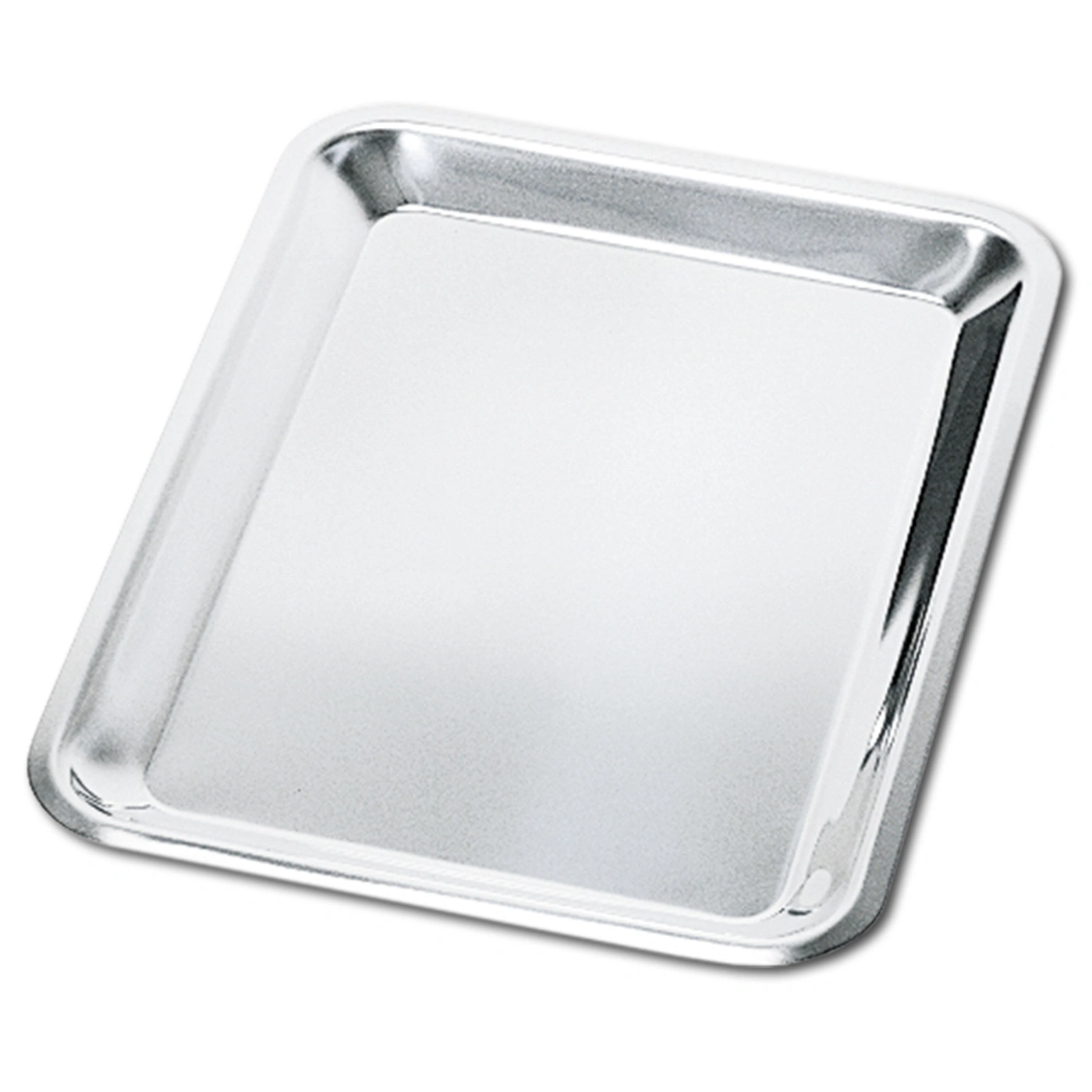 Silberne Backform, rechteckig, leer, glänzend, für Küche und Backen.