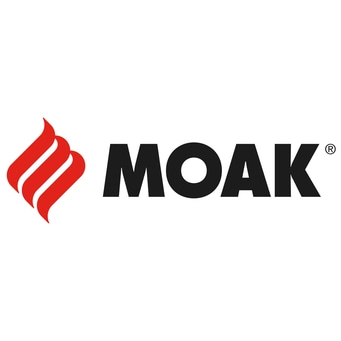 MOAK Logo mit rotem Flammen-Symbol und schwarzem Schriftzug auf weißem Hintergrund