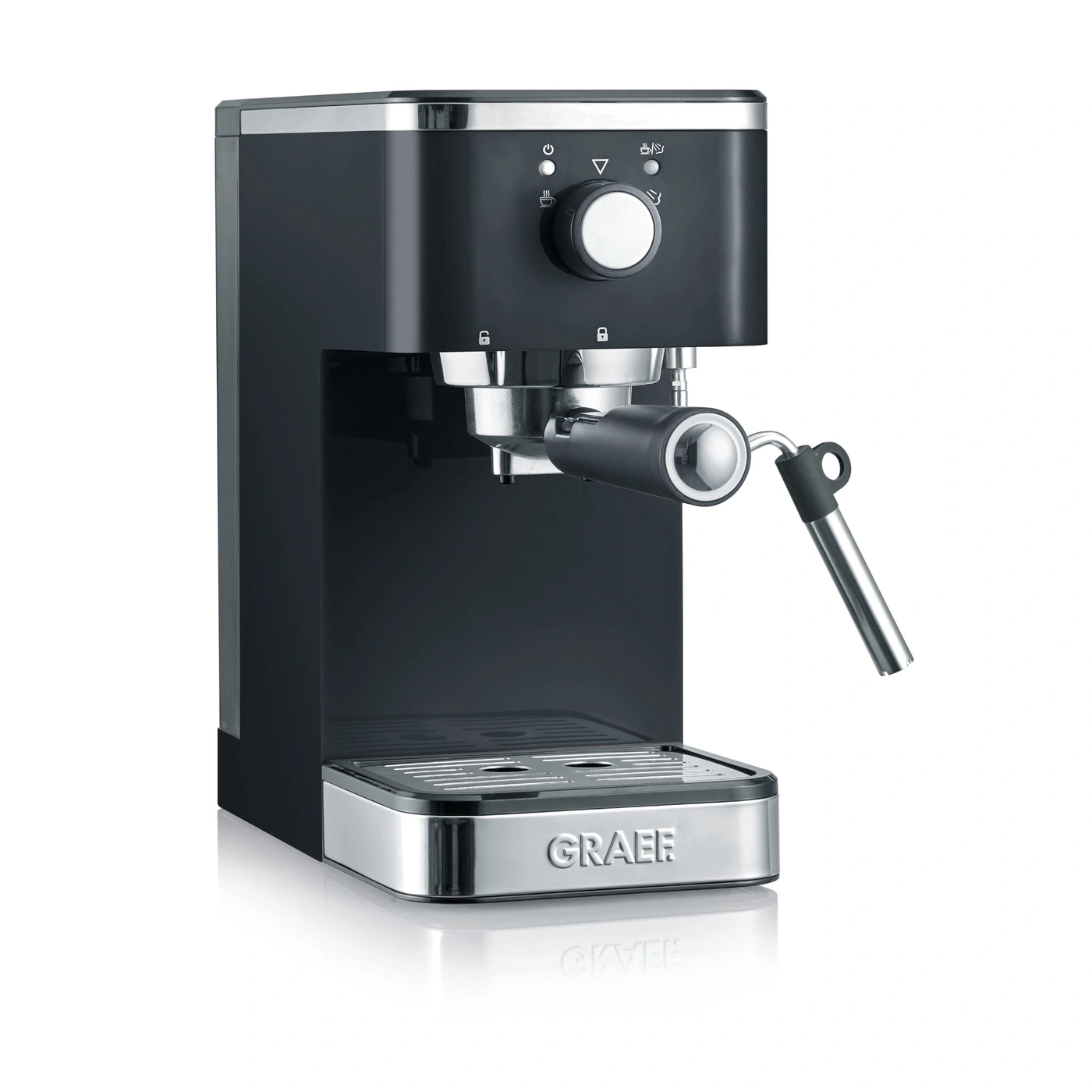 Schwarze Espressomaschine mit silbernen Akzenten und Bedienfeld, Marke Graef.