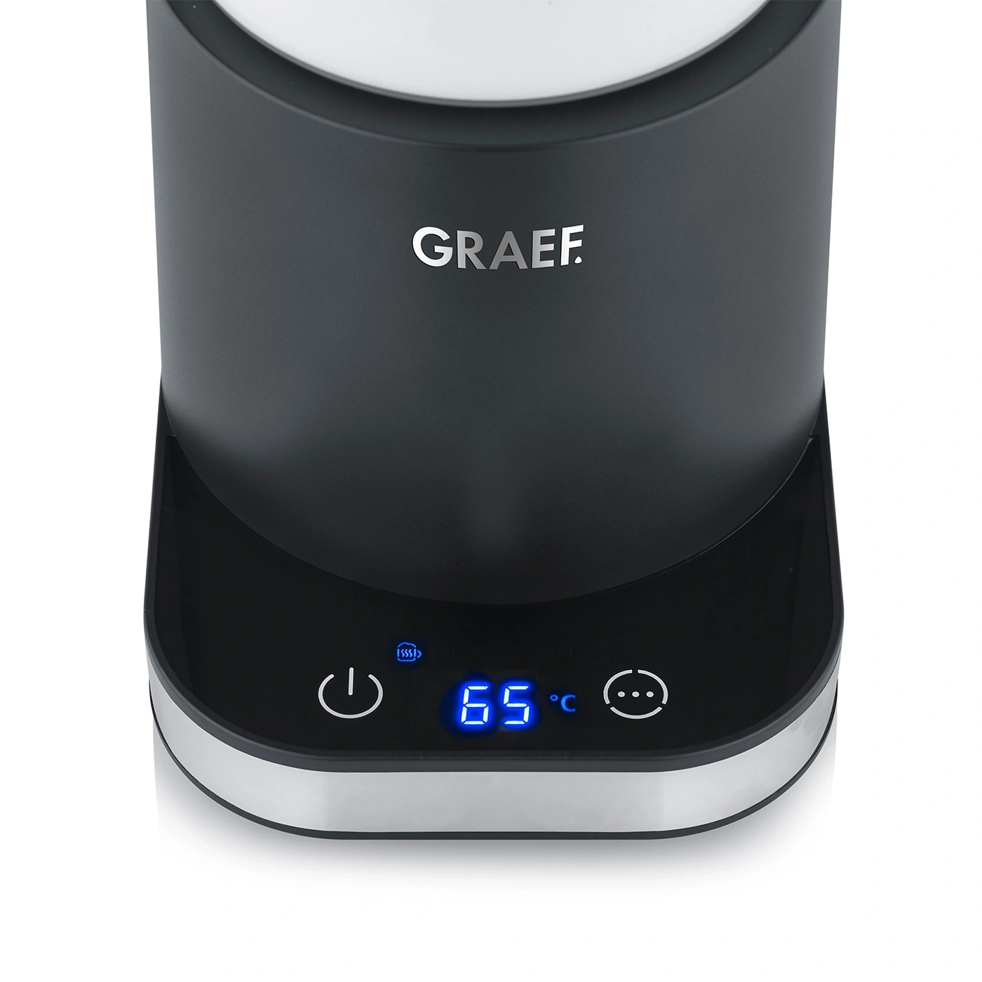Schwarzer Wasserkocher mit Temperaturanzeige und GRAEF-Logo. 65 Grad Celsius.