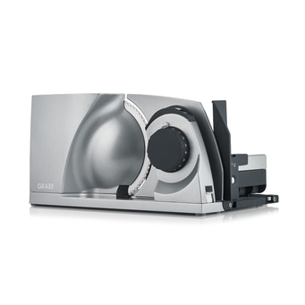 Graef Allesschneider, silberfarben, mit schwarzem Drehknopf und Schneideblatt, Nahaufnahme