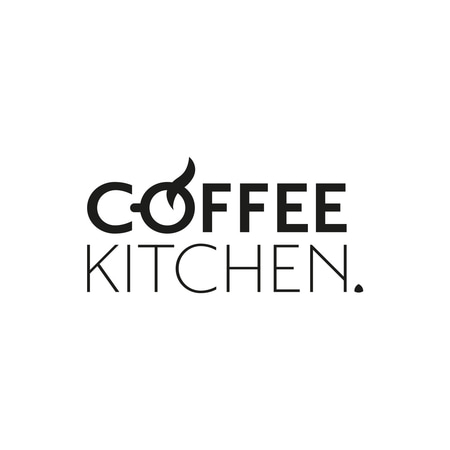 Logo Coffee Kitchen, texte noir sur fond blanc, symbole de grain de café intégré