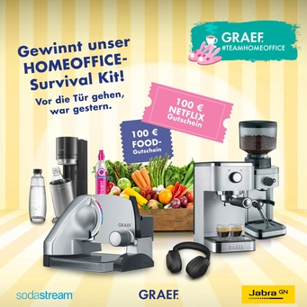 Homeoffice-Survival-Kit mit Gutscheinen, Kaffee und Kopfhörern.