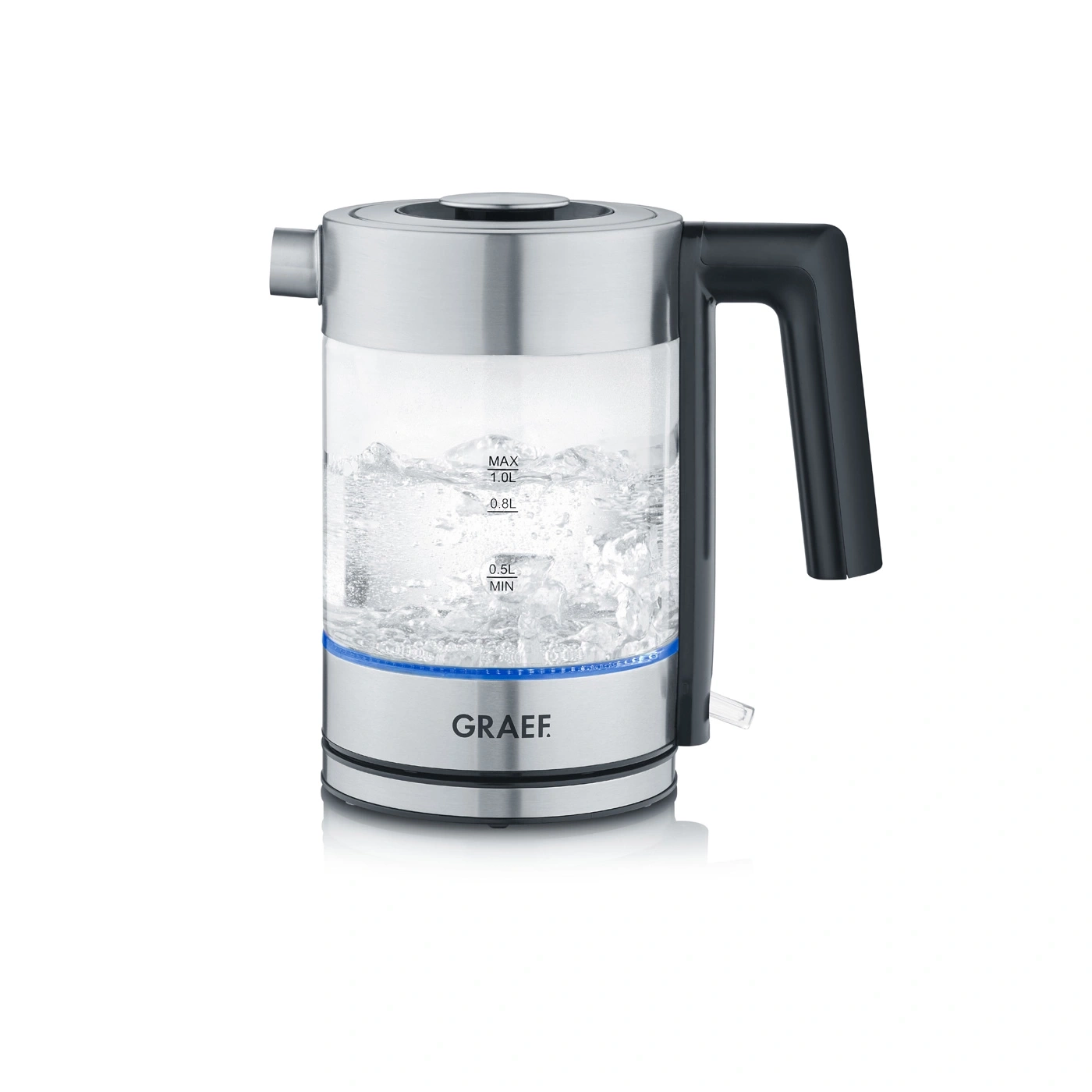 Glass and stainless steel kettle with boiling water, blue light, and a black handle