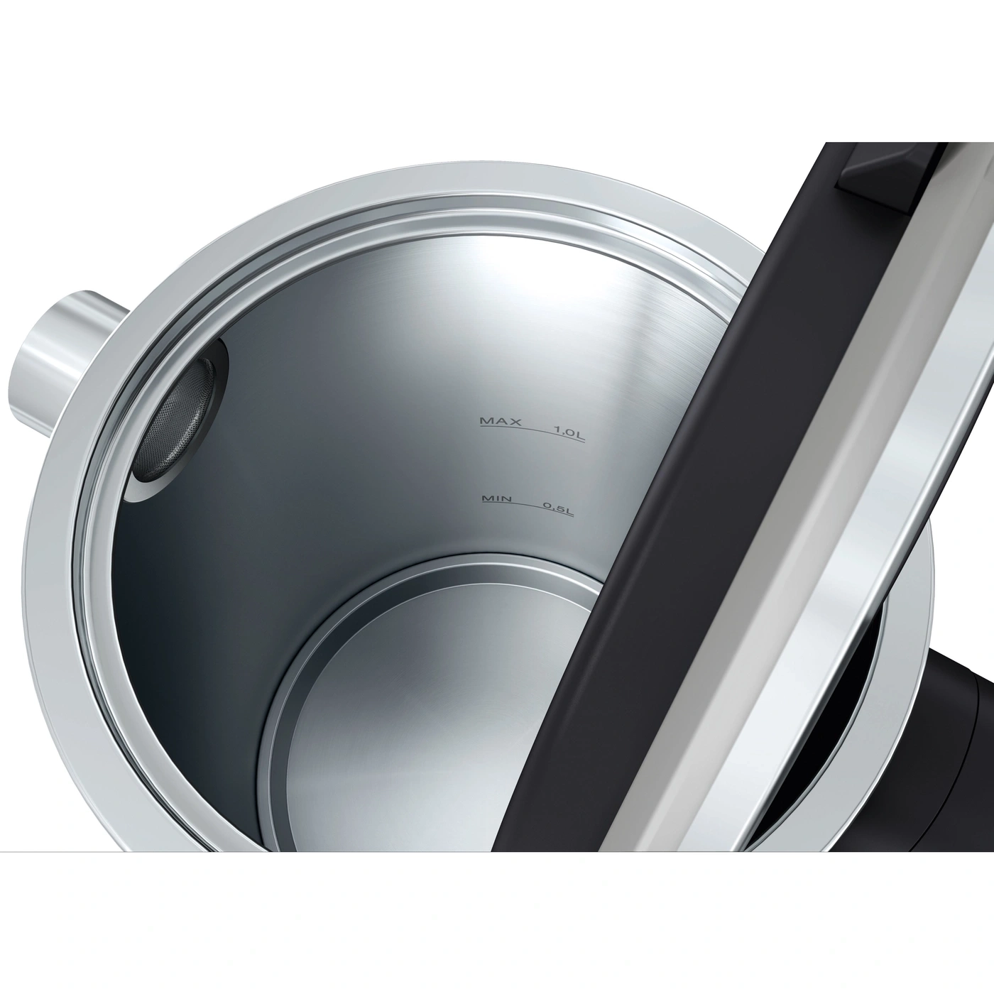 Close-up of a kettle with water level indicator and handle