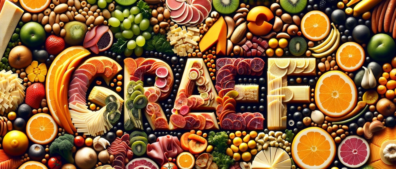 Obst und Gemüse bilden das Wort GRAPE, ein farbenfrohes und köstliches Arrangement.