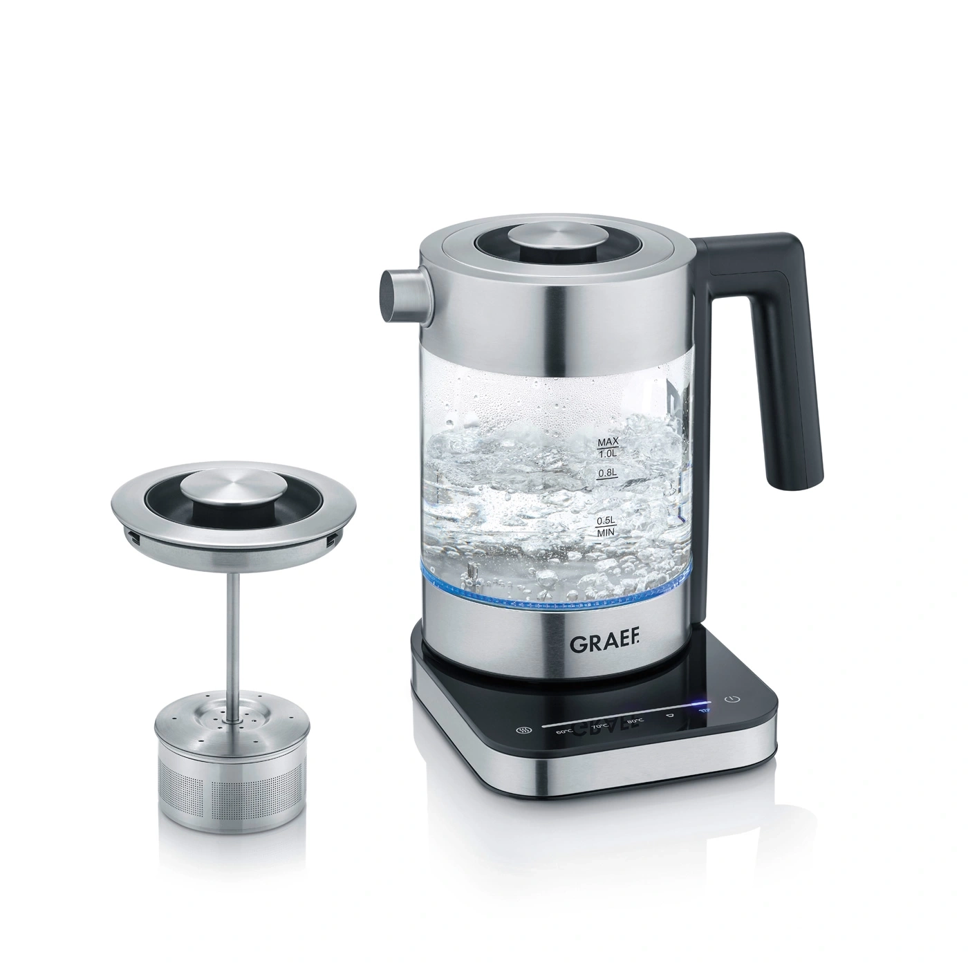 Wasserkocher mit Teefilter, Edelstahl und Glas, kochendes Wasser, modern