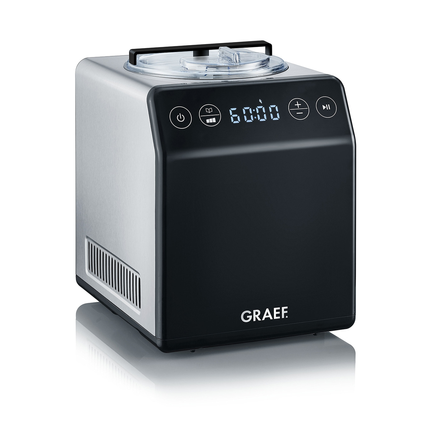 Eiscreme-Maschine, schwarz und silber, mit digitaler Anzeige und GRAEF-Logo.