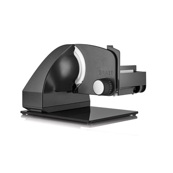 Schwarze elektrische Aufschnittmaschine mit silbernen Akzenten und dem Markennamen GRAEF.