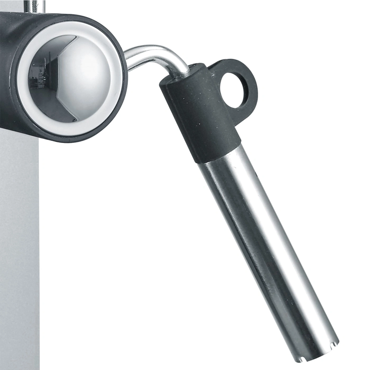 Metallrohr mit schwarzem Griff und rundem Knopf, Nahaufnahme, isoliert