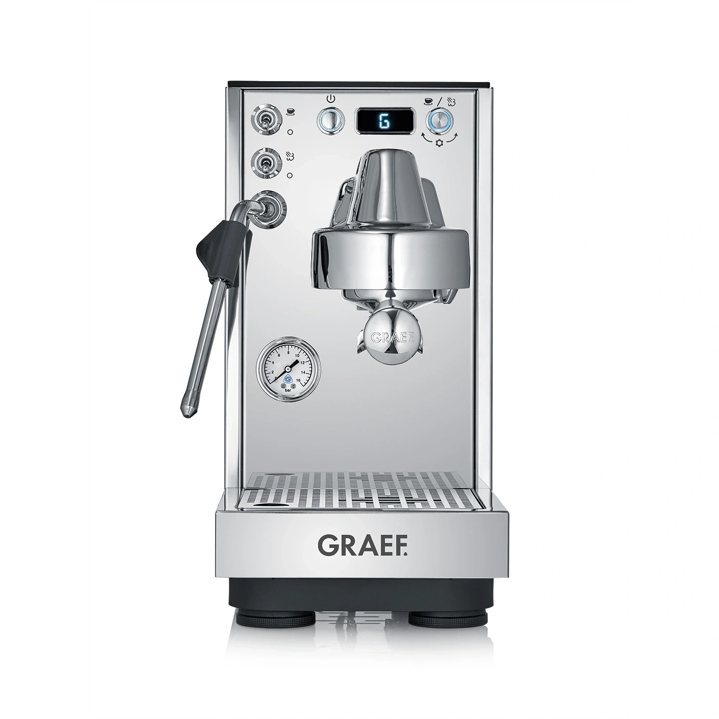 A shiny chrome espresso machine with a pressure gauge and digital display.