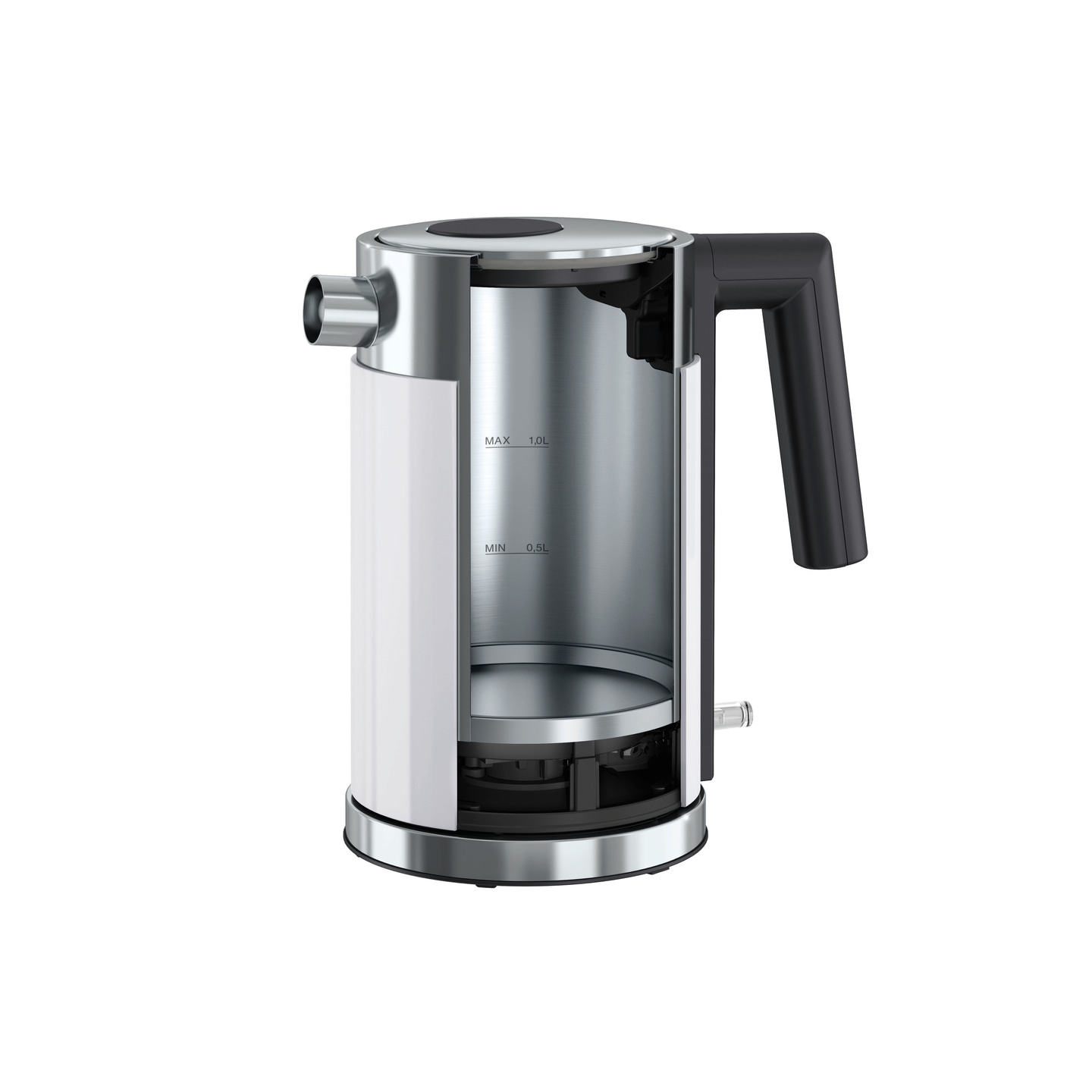 Cross-section of a white and silver kettle with a black handle and lid