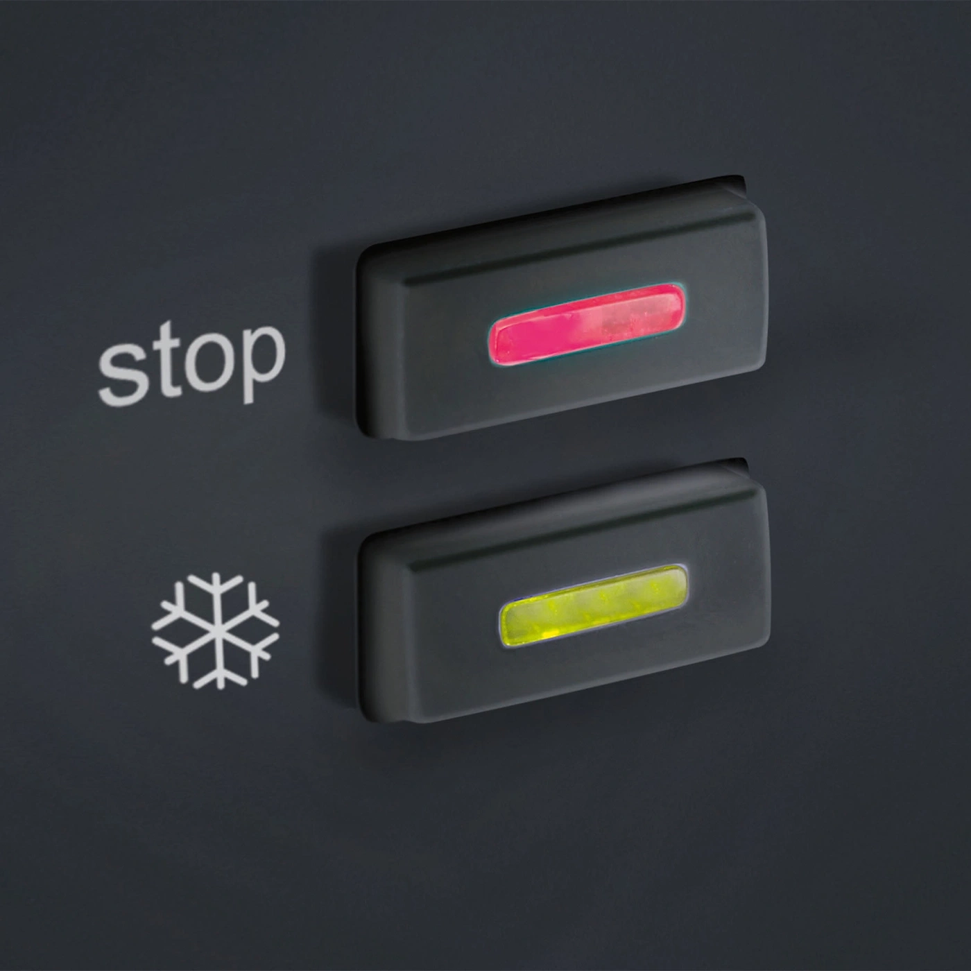 Black control panel with two illuminated buttons and symbols.