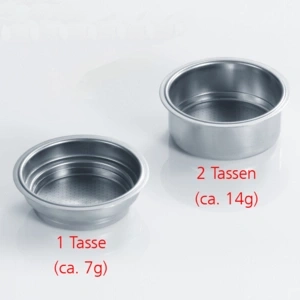 Zwei Espressosiebträger: 1 Tasse (ca. 7g) und 2 Tassen (ca. 14g).