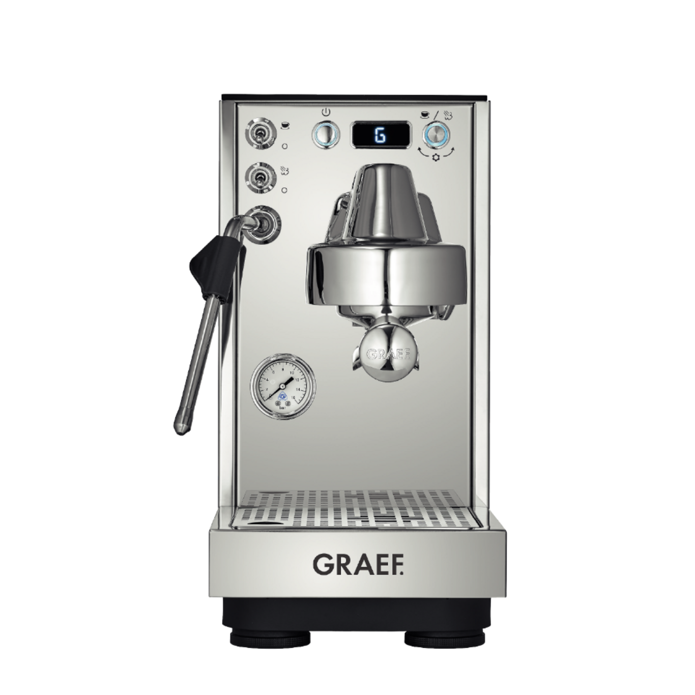 Eine glänzende Chrom-Espressomaschine von Graef mit Manometer und digitaler Anzeige.