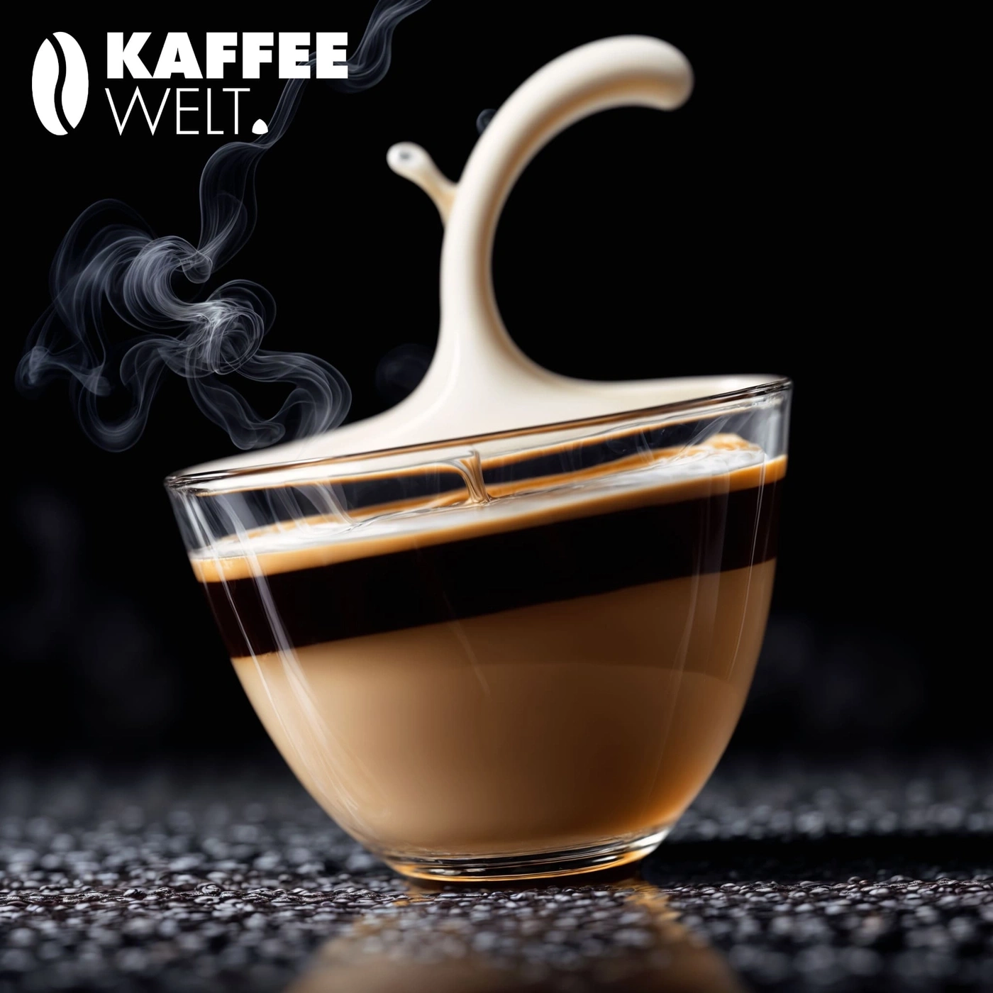 Kaffee-Welt-Logo mit dampfendem Kaffee in einem Glas, das auf Kaffeebohnen steht.
