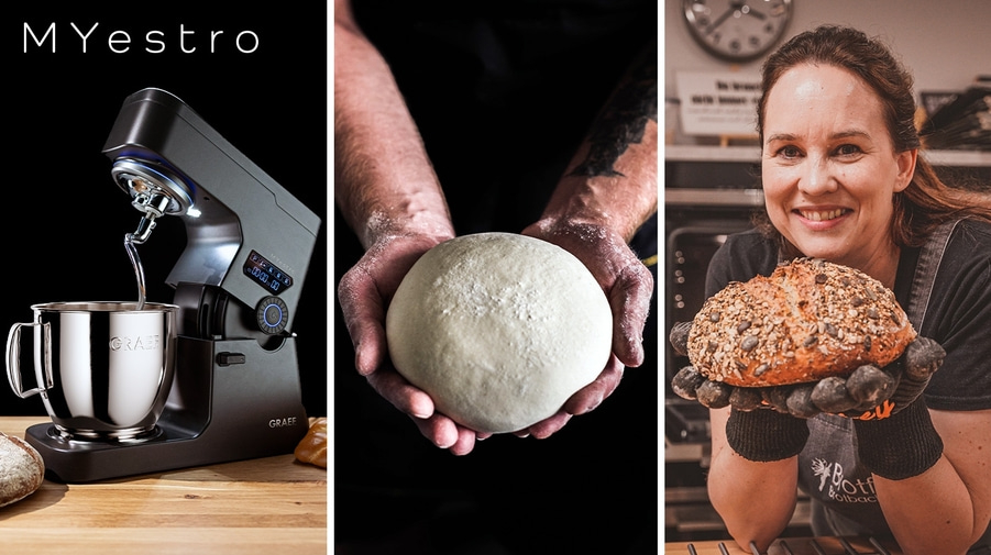 Brotbacken: Küchenmaschine, Teig in Händen, Bäckerin mit Brot, Nahaufnahme