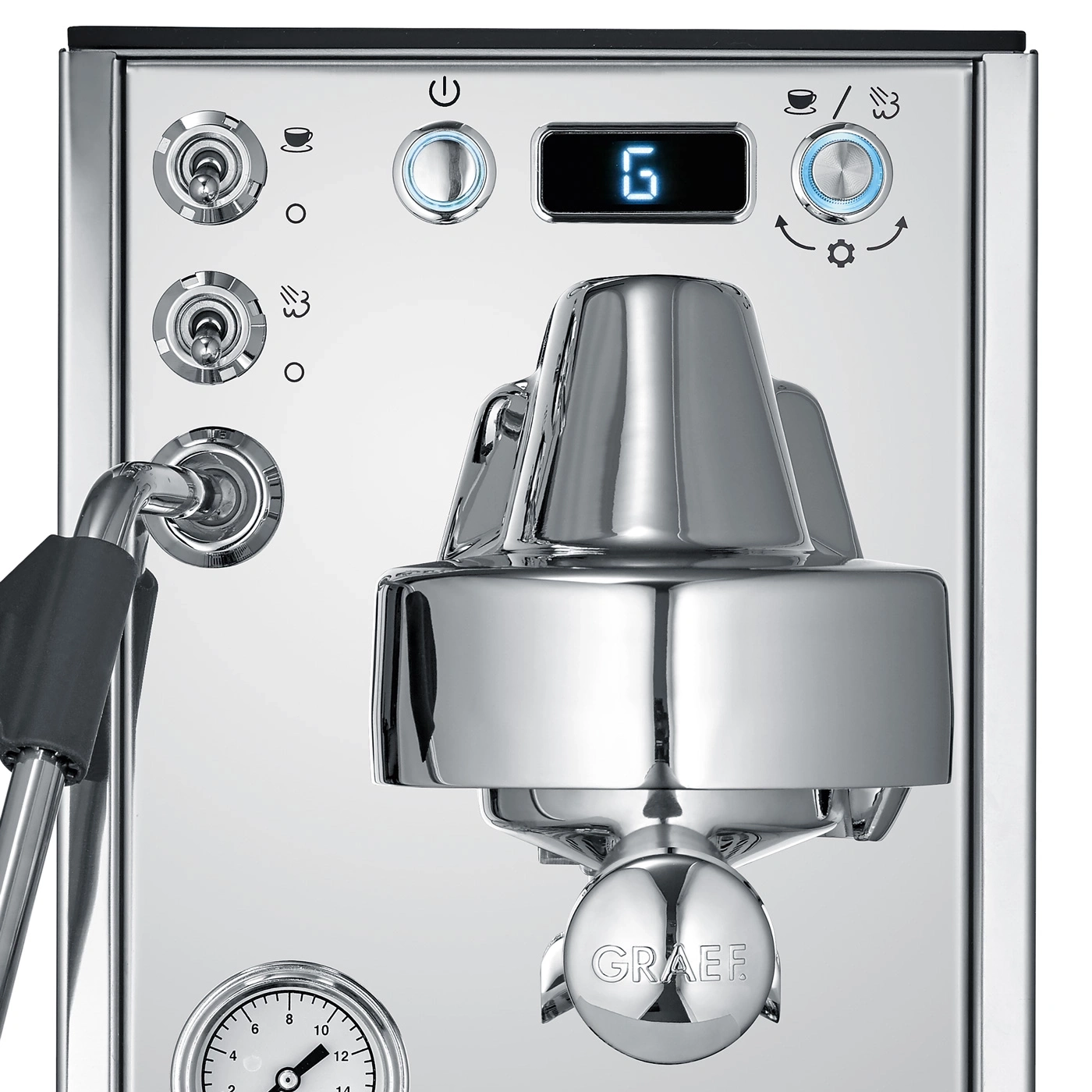 Close-up of a chrome espresso machine with digital displays and controls.