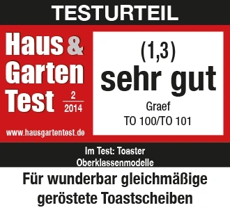 Testurteil Haus & Garten Test 2014, Note 1,3, sehr gut, Graef Toaster TO 100/TO 101, Oberklassenmodelle.