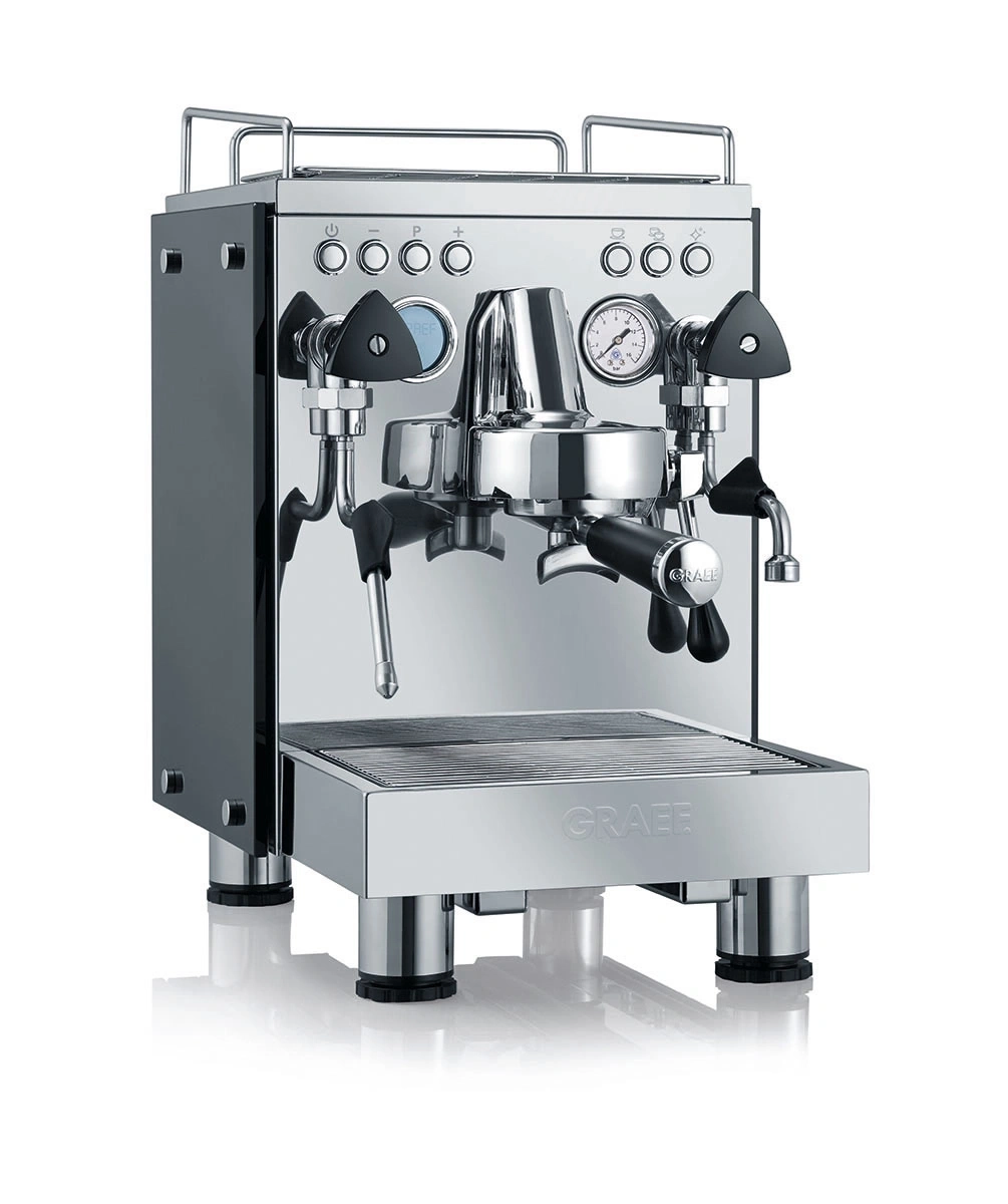 Machine à expresso en acier inoxydable avec boutons, jauges et logo GRAEF.