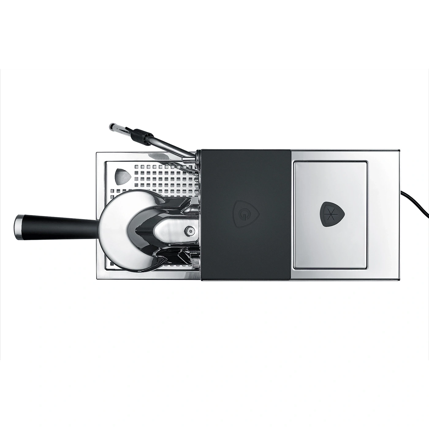 An espresso machine with a black handle and silver accents.