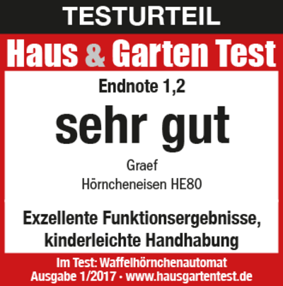 Test result Haus & Garten Test: Very good for Graef HE80 waffle iron, grade 1.2.