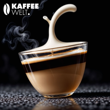 Coffee World logo with steaming coffee in a glass, standing on coffee beans.