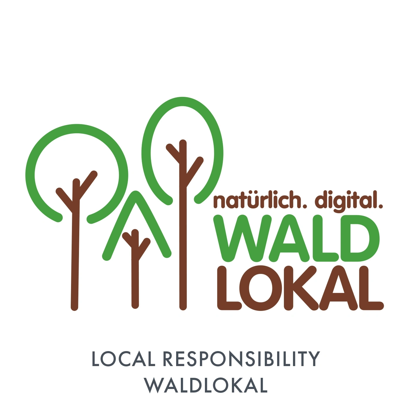 Logo avec des arbres et du texte: naturellement. digital. WALD LOKAL, Local Responsibility