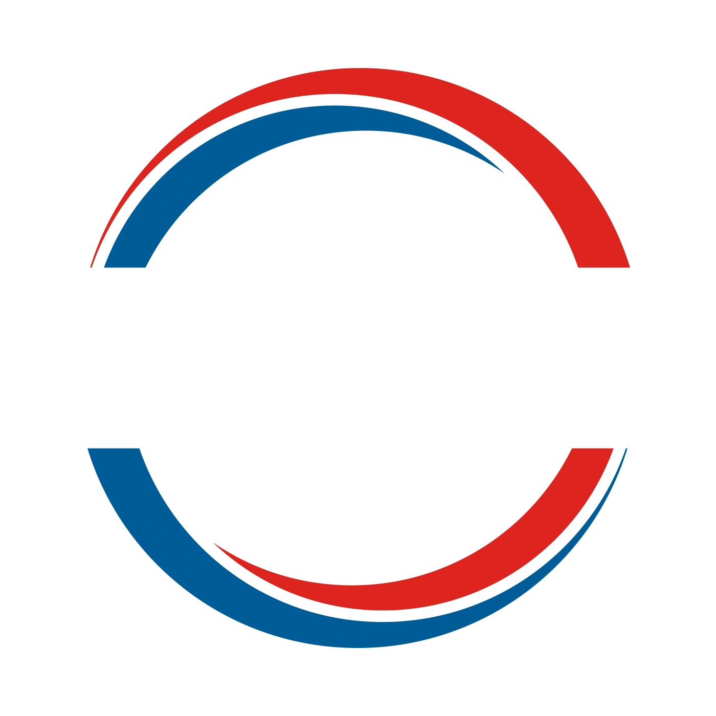 Blau-roter Bogen, der ein Logo oder Design bildet, das auf weißem Hintergrund steht.