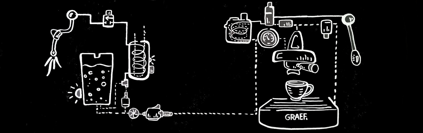 Coffee machine diagram with various components, brewing coffee, and the brand name GRAEF.
